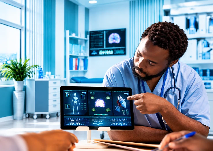 Healthcare professional using digital medical technology to analyze patient health data.