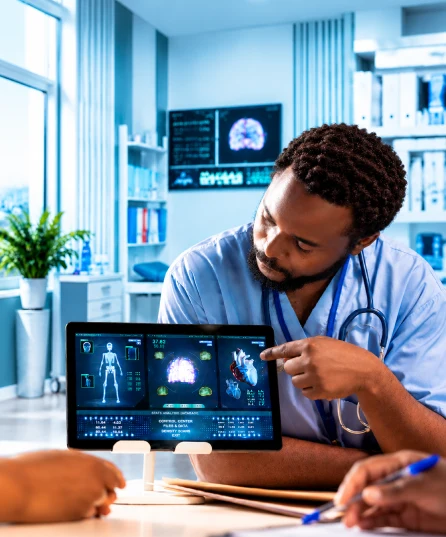 Healthcare professional using digital medical technology to analyze patient health data.